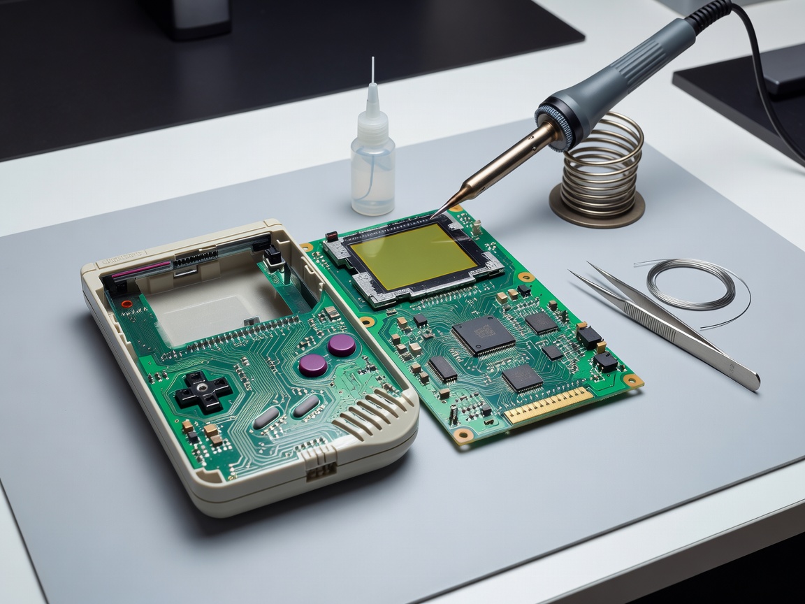 Avattu Game Boy piirilevy ja kolvaustarvikkeet